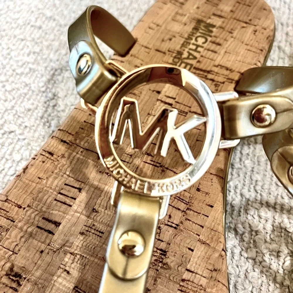 MICHAEL Michael Kors jelly flip-flops gold tone logo cork slip-on sandals size 8